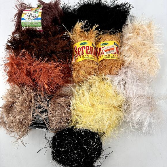 Eyelash Fur Yarn Mixed Mystery Lot Trim Neutrals Black White Brown Earth Tones - Picture 1 of 10